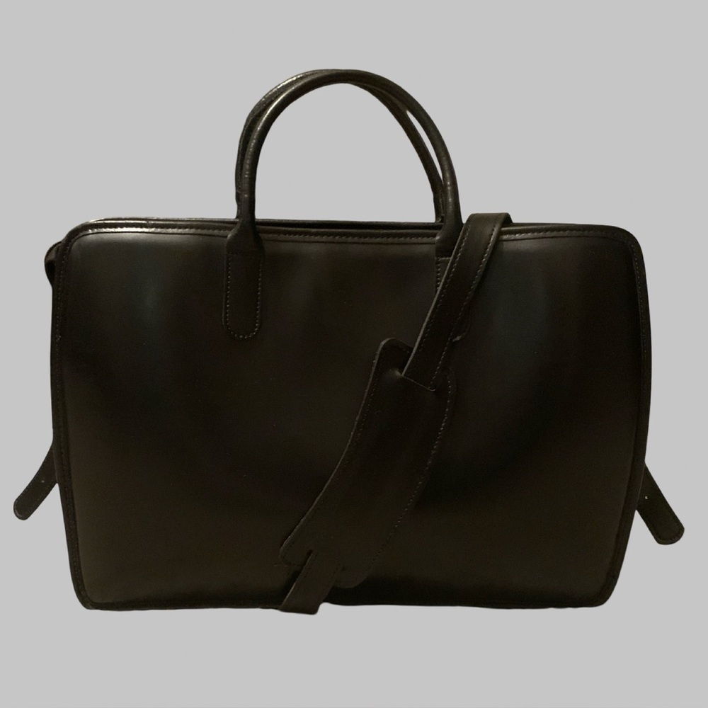 Jack Georges slim black leather briefcase laptop bag with crossbody strap